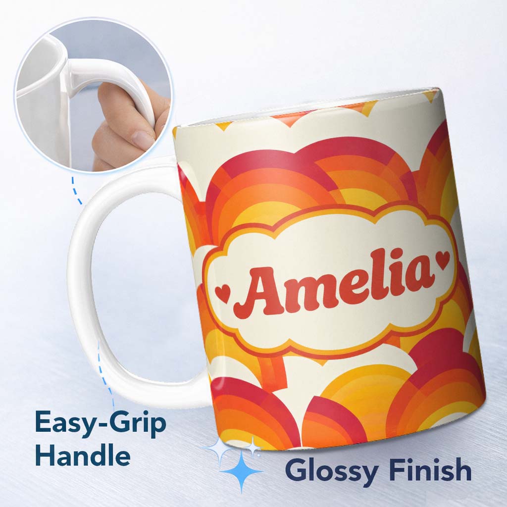 Personalized Custom Name Rainbow Arch Layered Scallop Pattern Seamless Custom Name Cute 11oz Ceramic Coffee Tea Mug White Large Handle