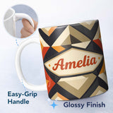 Personalized Custom Name Modern Geometric Diamond Abstract Pattern Bold Shapes Seamless Name 11oz Ceramic Coffee Tea Mug White Large Handle