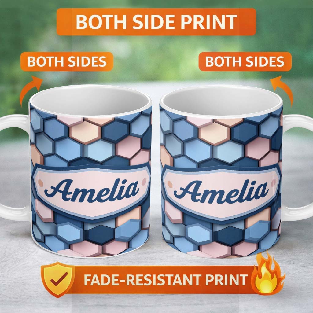 Personalized Custom Name Modern Hexagon Geometric Pattern Soft Blue Pink Tones Seamless Name 11oz Ceramic Coffee Tea Mug White Large Handle
