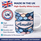 Personalized Custom Name Modern Hexagon Geometric Pattern Soft Blue Pink Tones Seamless Name 11oz Ceramic Coffee Tea Mug White Large Handle