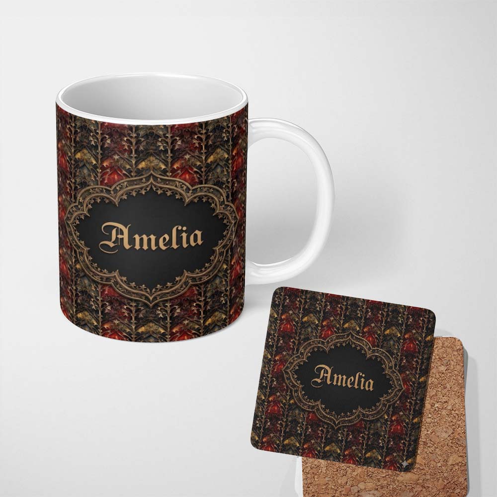 Personalized Custom Name Dark Gothic Ornamental Floral Red Gold and Charcoal Seamless Pattern 11oz Ceramic Coffee Tea Mug White Large Handle