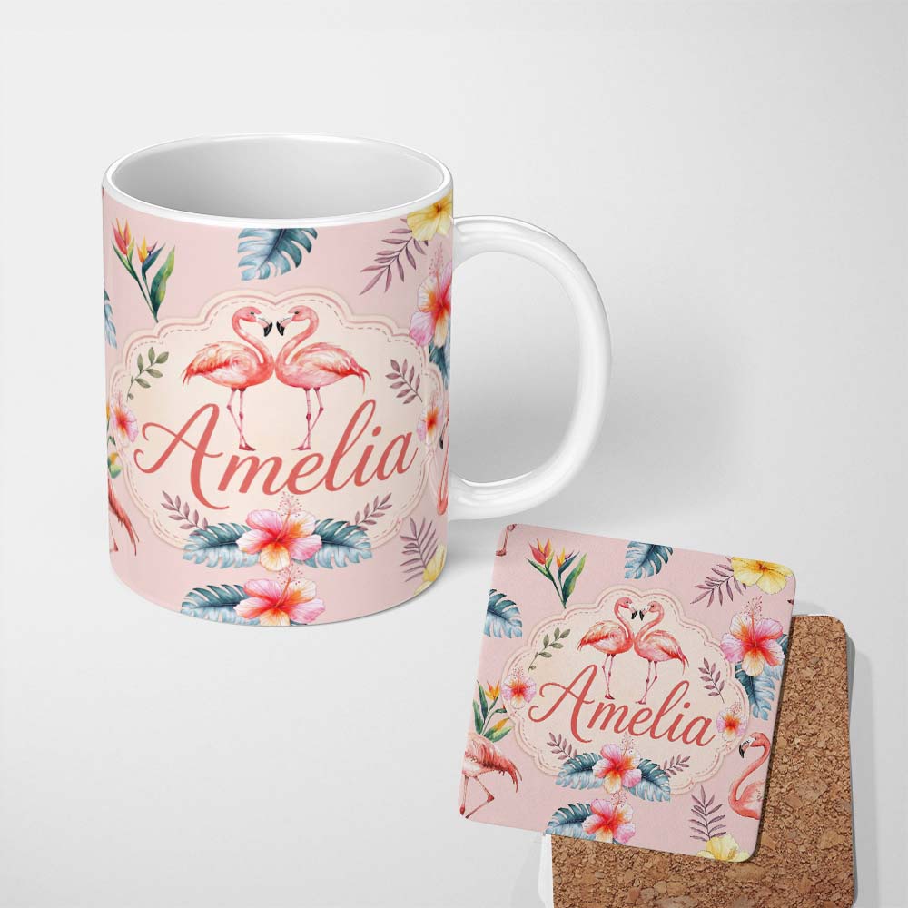 Personalized Custom Name Elegant Pink Flamingos Tropical Flowers on Pink Background Seamless 11oz Ceramic Coffee Tea Mug White Large Handle