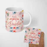 Personalized Custom Name Elegant Pink Flamingos Tropical Flowers on Pink Background Seamless 11oz Ceramic Coffee Tea Mug White Large Handle