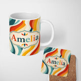 Personalized Custom Name Wavy Stripes Color Flow Abstract Pattern Seamless Name Cute Unique 11oz Ceramic Coffee Tea Mug White Large Handle