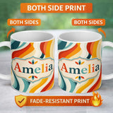Personalized Custom Name Wavy Stripes Color Flow Abstract Pattern Seamless Name Cute Unique 11oz Ceramic Coffee Tea Mug White Large Handle