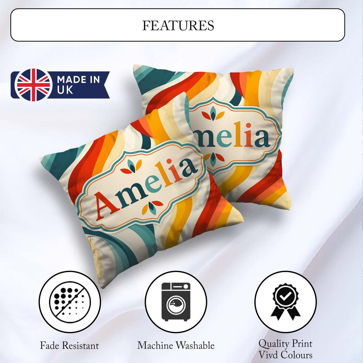 Custom Name Wavy Stripes Color Flow Abstract Seamless Name Cute Square Filled Cushion Throw Pillow Sofa Bed Home Decor Zip Washable UK Made