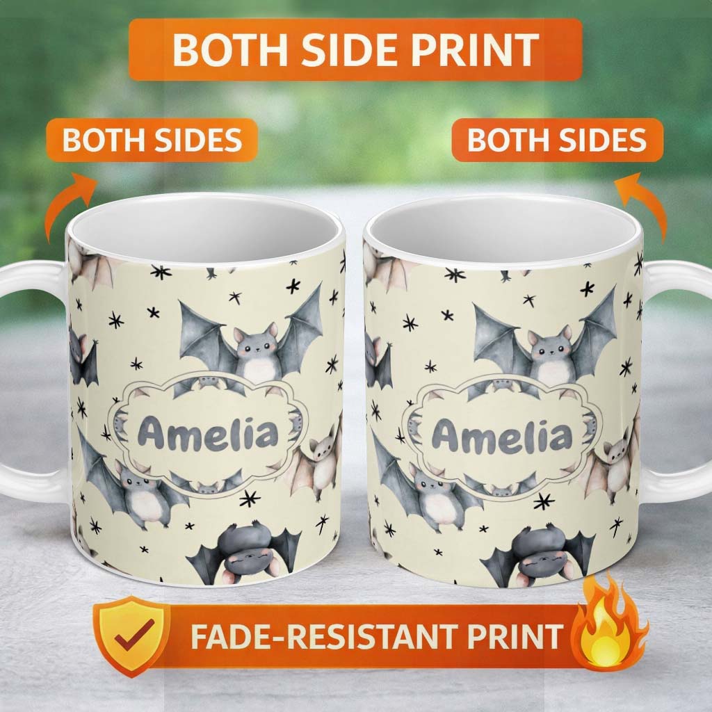 Personalized Custom Name Cute Baby Bats with Stars Night Sky Beige Background Seamless 11oz Ceramic Coffee Tea Mug White Large Handle