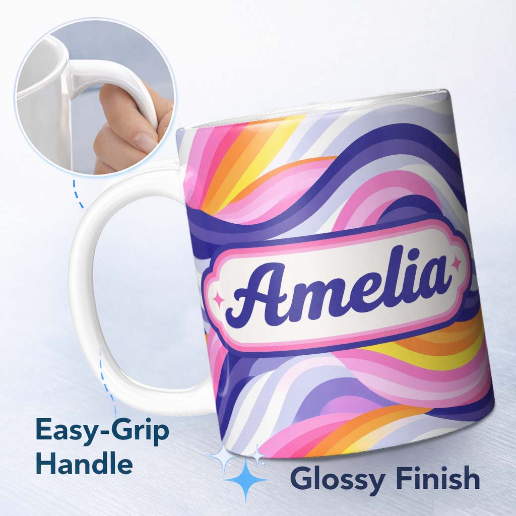 Personalized Custom Name Colorful Pastel Wave Gradient Flow Pattern Seamless Name Cute 11oz Ceramic Coffee Tea Mug White Large Handle