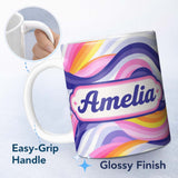 Personalized Custom Name Colorful Pastel Wave Gradient Flow Pattern Seamless Name Cute 11oz Ceramic Coffee Tea Mug White Large Handle