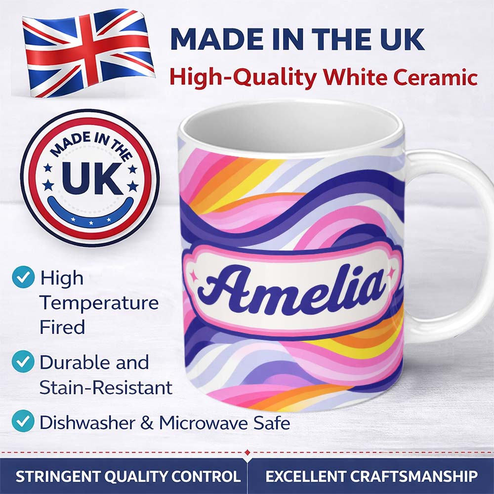 Personalized Custom Name Colorful Pastel Wave Gradient Flow Pattern Seamless Name Cute 11oz Ceramic Coffee Tea Mug White Large Handle