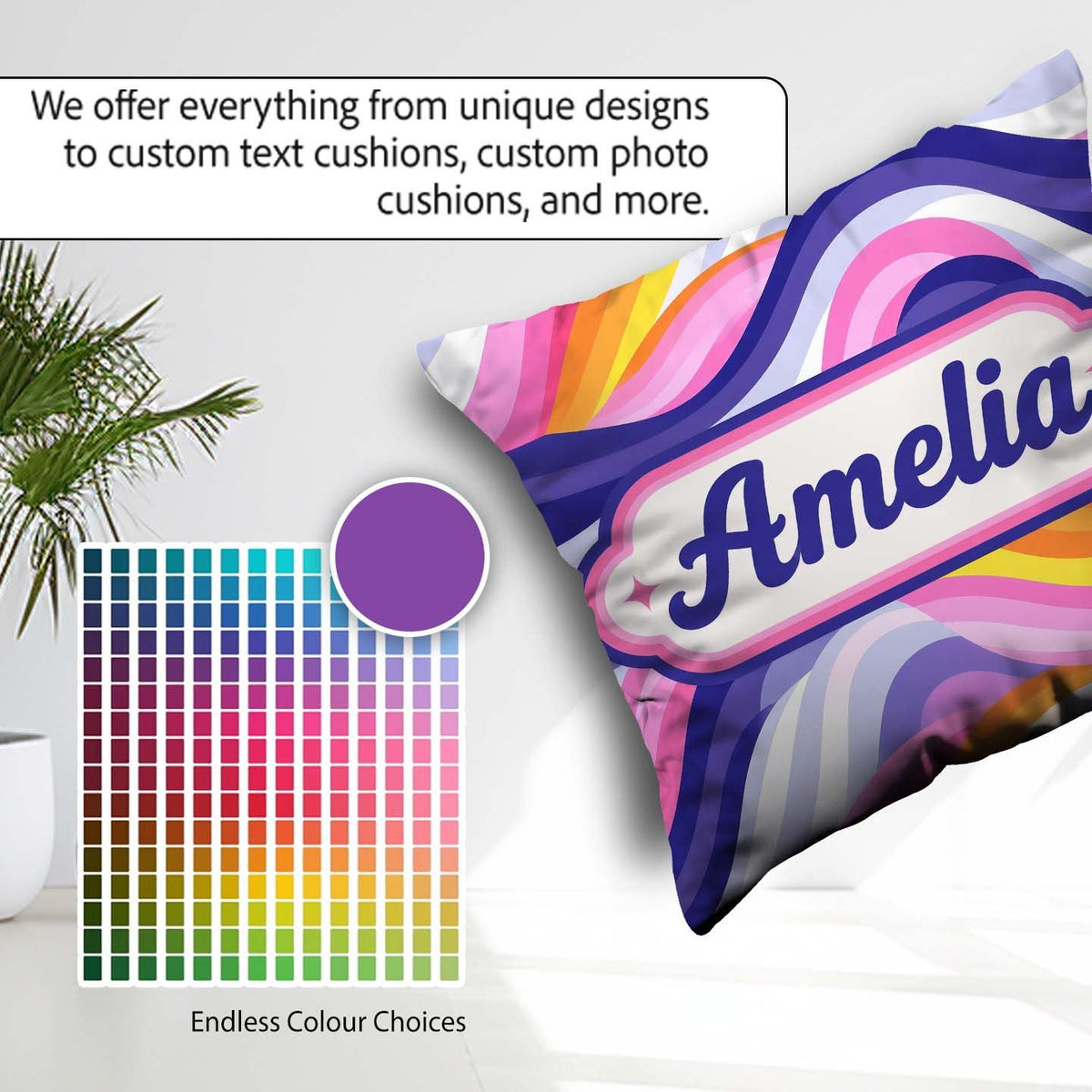 Custom Name Colorful Pastel Wave Gradient Flow Pattern Name Cute Square Filled Cushion Throw Pillow Sofa Bed Home Decor Zip Washable UK Made