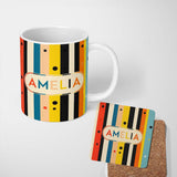 Personalized Custom Name Bold Vertical Stripes with Polka Dot Accent Seamless Pattern Name 11oz Ceramic Coffee Tea Mug White Large Handle
