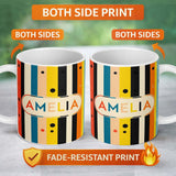Personalized Custom Name Bold Vertical Stripes with Polka Dot Accent Seamless Pattern Name 11oz Ceramic Coffee Tea Mug White Large Handle