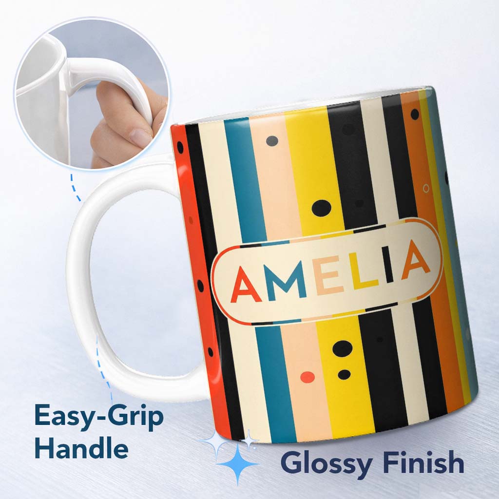 Personalized Custom Name Bold Vertical Stripes with Polka Dot Accent Seamless Pattern Name 11oz Ceramic Coffee Tea Mug White Large Handle
