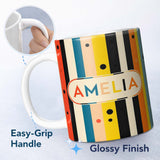 Personalized Custom Name Bold Vertical Stripes with Polka Dot Accent Seamless Pattern Name 11oz Ceramic Coffee Tea Mug White Large Handle