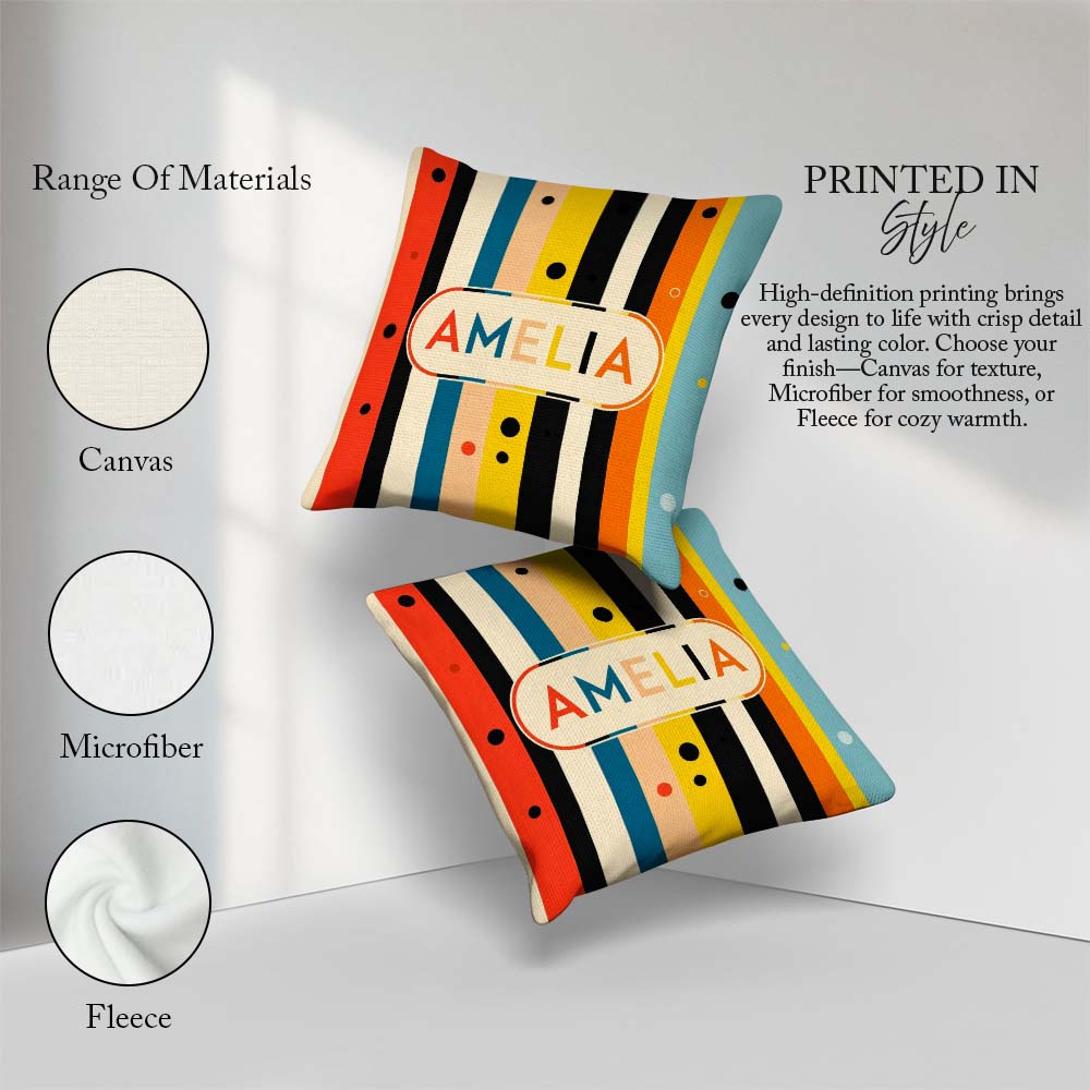 Custom Name Bold Vertical Stripes with Polka Dot Accent Seamless Square Filled Cushion Throw Pillow Sofa Bed Home Decor Zip Washable UK Made
