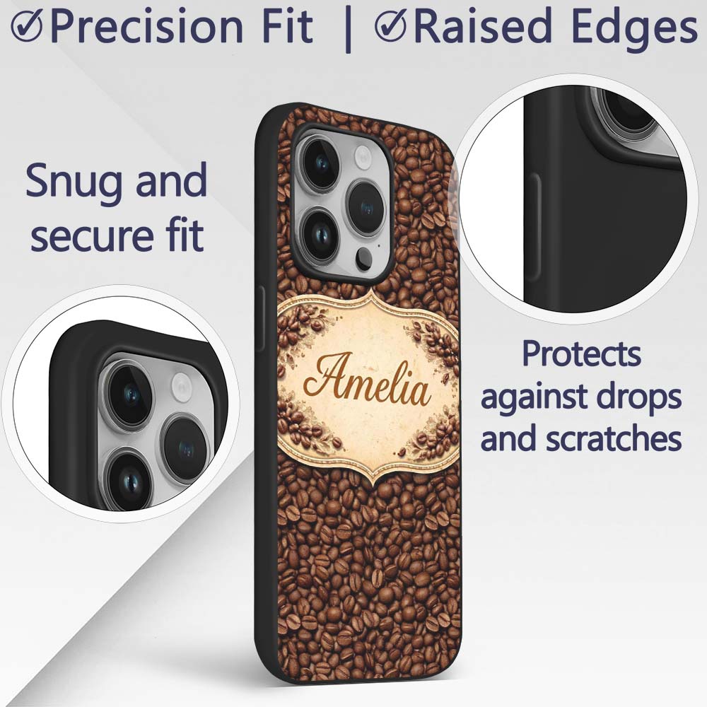 Realistic Roasted Coffee Beans Scatter Seamless Custom Name Protective Phone Case Mobile Cover Durable Everyday Smartphone Shock Resistant