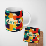 Personalized Custom Name Abstract Mid Century Geometric Blocks Texture Pattern Seamless Name 11oz Ceramic Coffee Tea Mug White Large Handle
