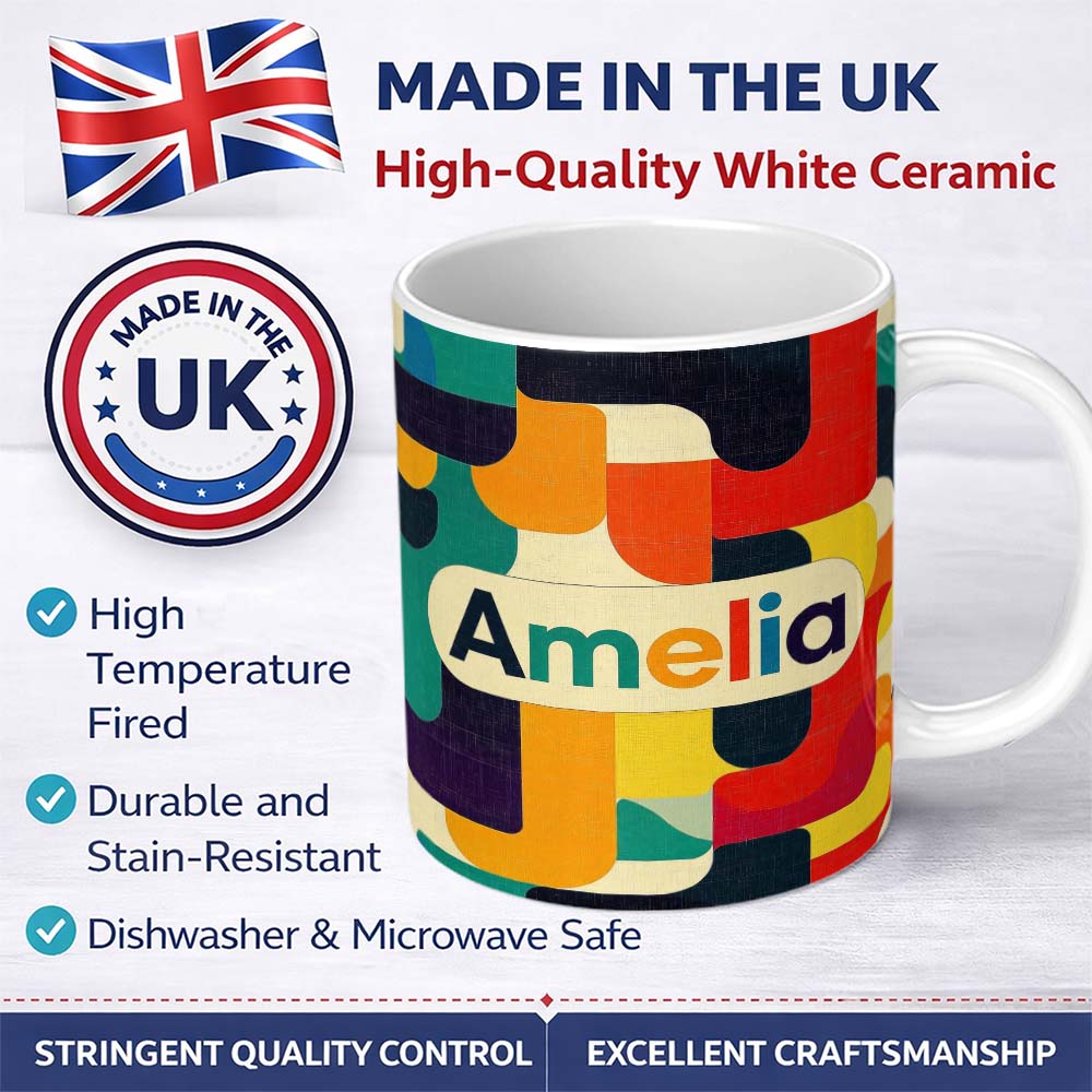 Personalized Custom Name Abstract Mid Century Geometric Blocks Texture Pattern Seamless Name 11oz Ceramic Coffee Tea Mug White Large Handle