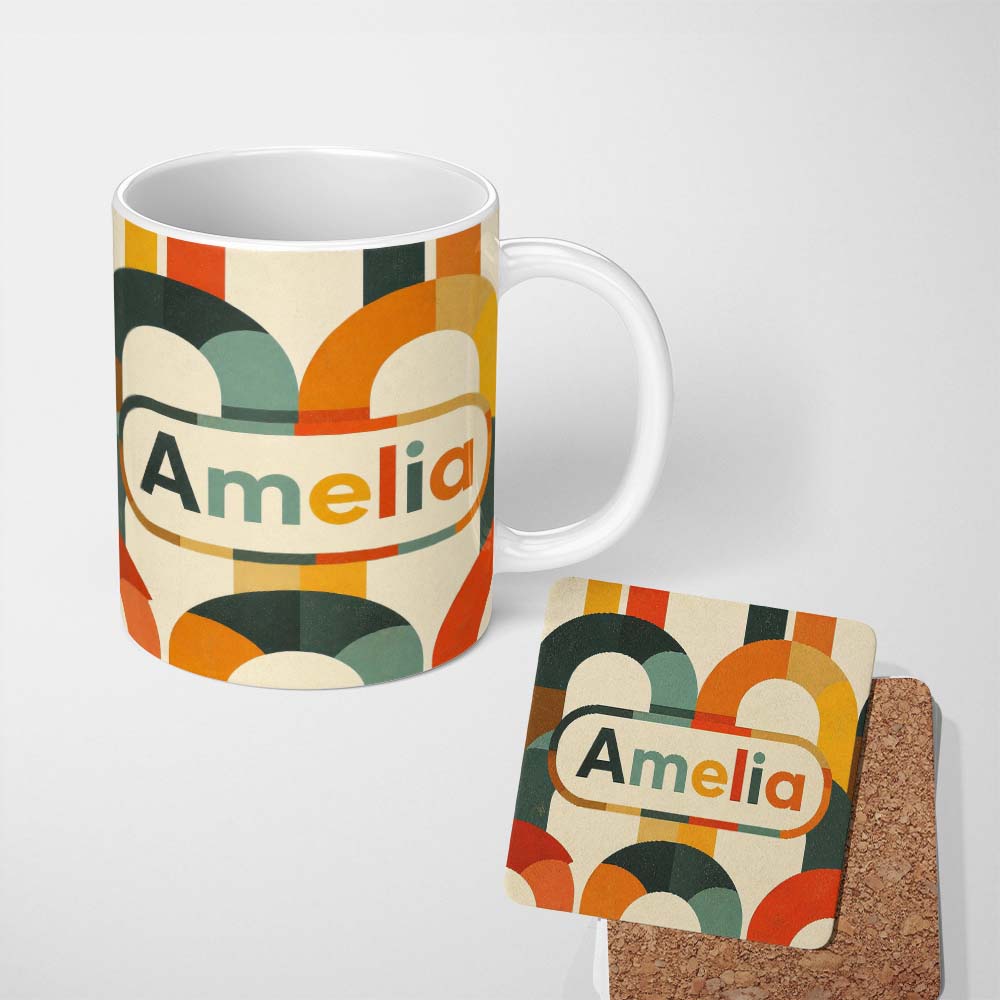 Personalized Custom Name Vintage Arch Rainbow Geometric Texture Pattern Seamless Name Cute 11oz Ceramic Coffee Tea Mug White Large Handle