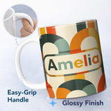 Personalized Custom Name Vintage Arch Rainbow Geometric Texture Pattern Seamless Name Cute 11oz Ceramic Coffee Tea Mug White Large Handle
