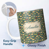 Personalized Custom Name Cute Picnic Baskets and Camping Items Dark Green Seamless Pattern 11oz Ceramic Coffee Tea Mug White Large Handle