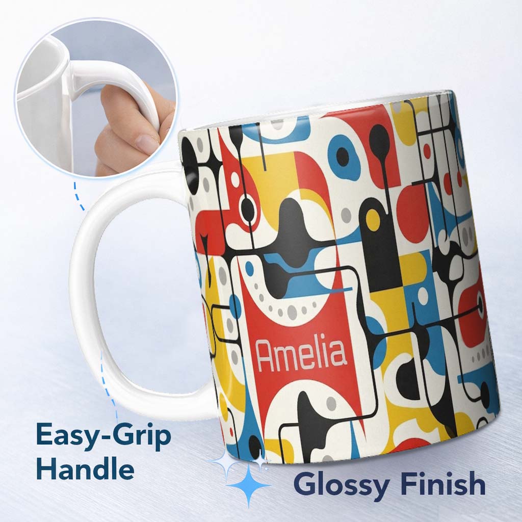 Personalized Custom Name Abstract Circles and Lines Mid Century Modern Pattern Seamless Name 11oz Ceramic Coffee Tea Mug White Large Handle