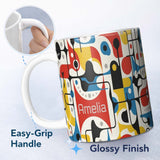 Personalized Custom Name Abstract Circles and Lines Mid Century Modern Pattern Seamless Name 11oz Ceramic Coffee Tea Mug White Large Handle