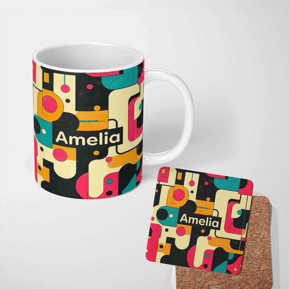Personalized Custom Name Bold Geometric Abstract Shapes Mid Century Color Block Pattern 11oz Ceramic Coffee Tea Mug White Large Handle
