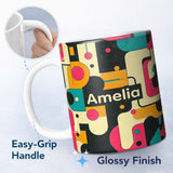 Personalized Custom Name Bold Geometric Abstract Shapes Mid Century Color Block Pattern 11oz Ceramic Coffee Tea Mug White Large Handle