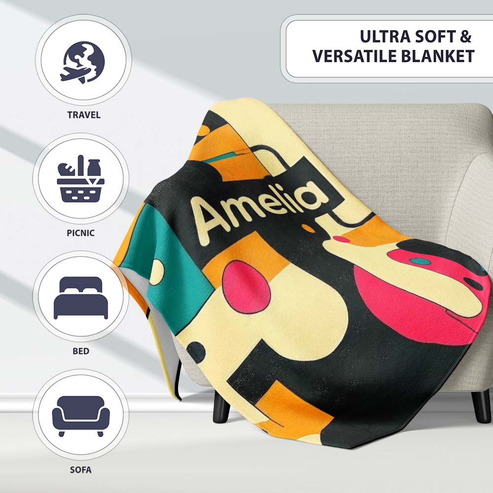 Bold Geometric Abstract Shapes Mid Century Color Block Pattern  Personalised Custom Name Super Soft Fleece Blanket Bed Sofa Throw