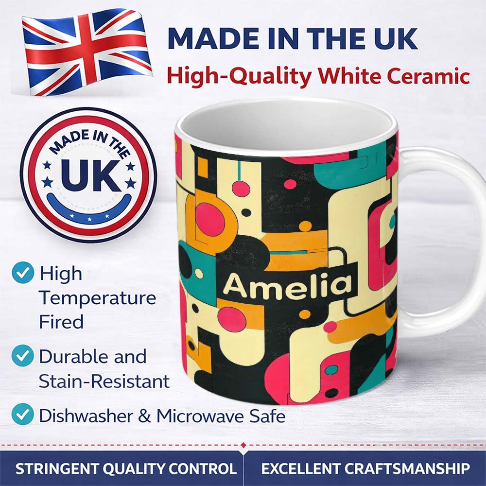 Personalized Custom Name Bold Geometric Abstract Shapes Mid Century Color Block Pattern 11oz Ceramic Coffee Tea Mug White Large Handle