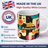 Personalized Custom Name Bold Geometric Abstract Shapes Mid Century Color Block Pattern 11oz Ceramic Coffee Tea Mug White Large Handle