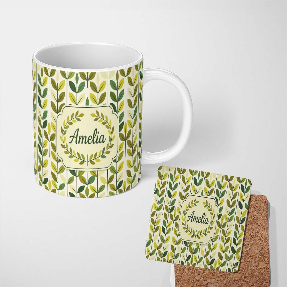 Personalized Custom Name Fresh Green Yellow Leaf Botanical Nature Pattern Seamless Custom 11oz Ceramic Coffee Tea Mug White Large Handle