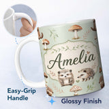 Personalized Custom Name Cute Woodland Hedgehog Mushrooms Leaves Seamless Pattern Dusty Pink 11oz Ceramic Coffee Tea Mug White Large Handle