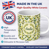 Personalized Custom Name Fresh Green Yellow Leaf Botanical Nature Pattern Seamless Custom 11oz Ceramic Coffee Tea Mug White Large Handle