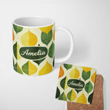 Personalized Custom Name Vintage Leaf Botanical Texture Nature Inspired Pattern Seamless 11oz Ceramic Coffee Tea Mug White Large Handle