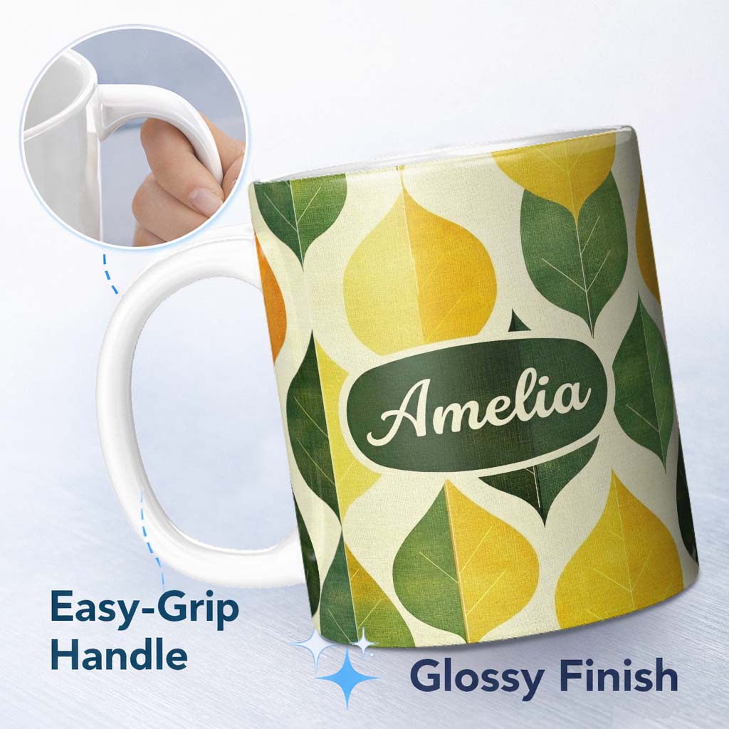 Personalized Custom Name Vintage Leaf Botanical Texture Nature Inspired Pattern Seamless 11oz Ceramic Coffee Tea Mug White Large Handle