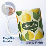 Personalized Custom Name Vintage Leaf Botanical Texture Nature Inspired Pattern Seamless 11oz Ceramic Coffee Tea Mug White Large Handle