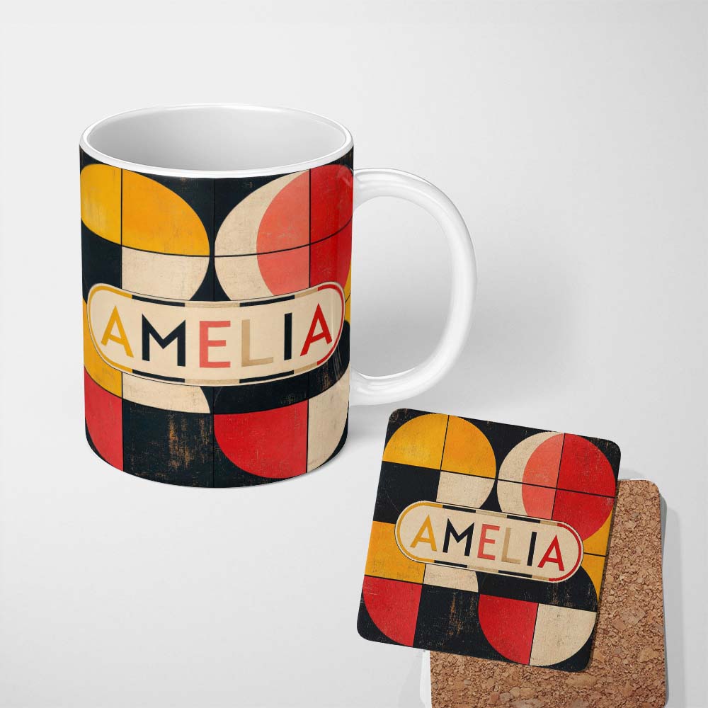 Personalized Custom Name Circle Grid Geometric Abstract Pattern Seamless Name Cute Unique 11oz Ceramic Coffee Tea Mug White Large Handle