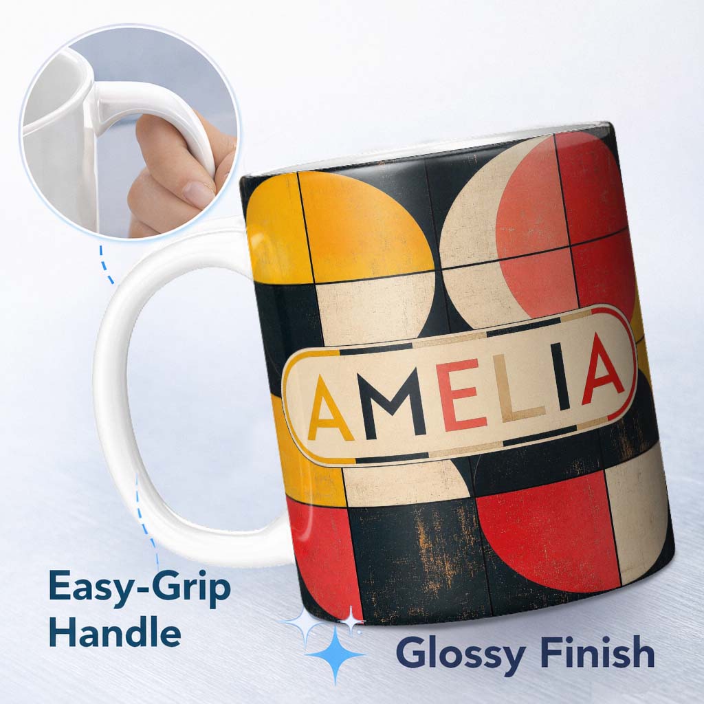 Personalized Custom Name Circle Grid Geometric Abstract Pattern Seamless Name Cute Unique 11oz Ceramic Coffee Tea Mug White Large Handle