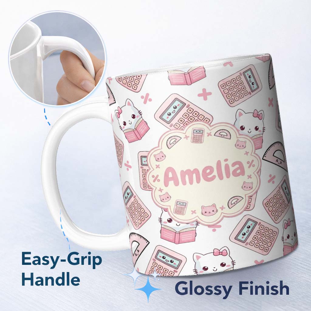 Custom Name Cute Kawaii Maths Cat Calculator Ruler Seamless Pattern White Lovely 11oz Ceramic Coffee Tea Mug White Large Handle