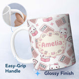 Custom Name Cute Kawaii Maths Cat Calculator Ruler Seamless Pattern White Lovely 11oz Ceramic Coffee Tea Mug White Large Handle