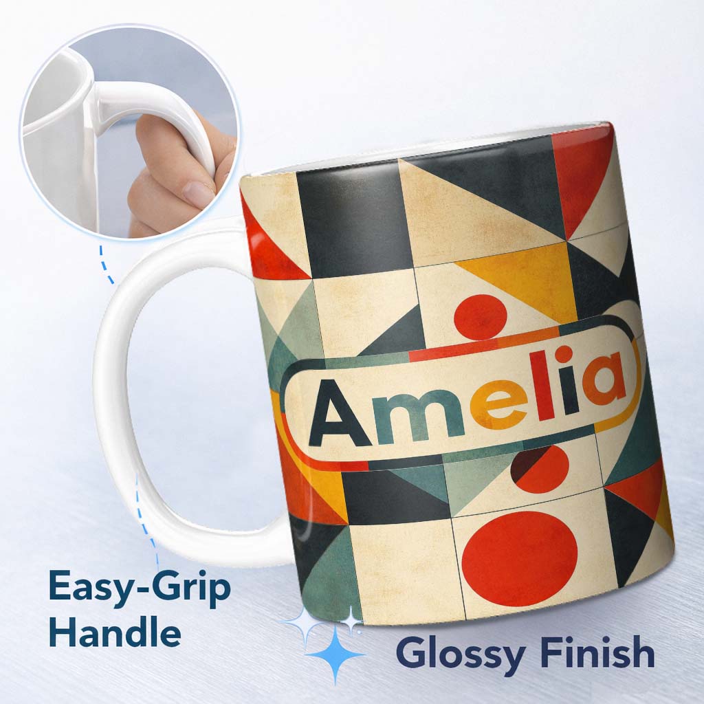 Personalized Custom Name Mid Century Triangle Geometric Abstract Pattern Seamless Name Cute 11oz Ceramic Coffee Tea Mug White Large Handle