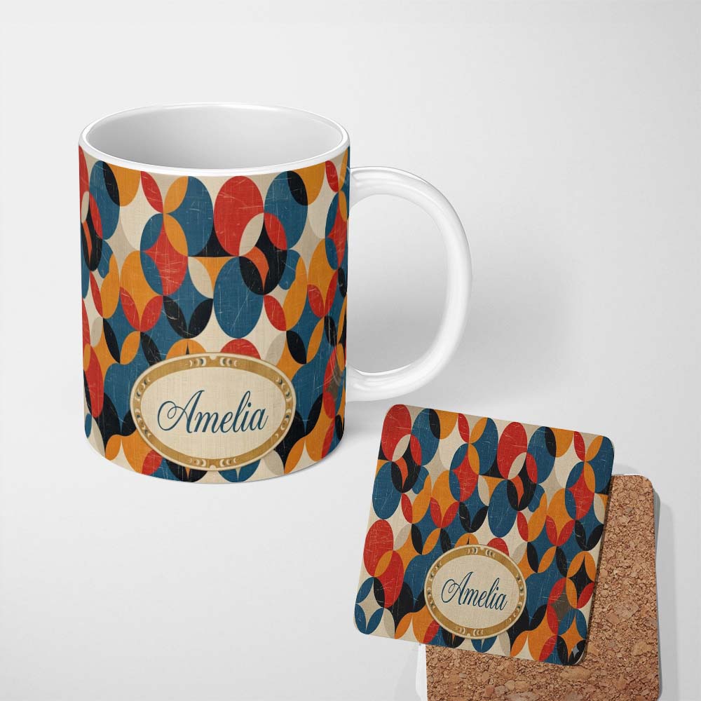 Personalized Custom Name Textured Abstract Rounded Shapes Pattern Seamless Name Cute Unique 11oz Ceramic Coffee Tea Mug White Large Handle