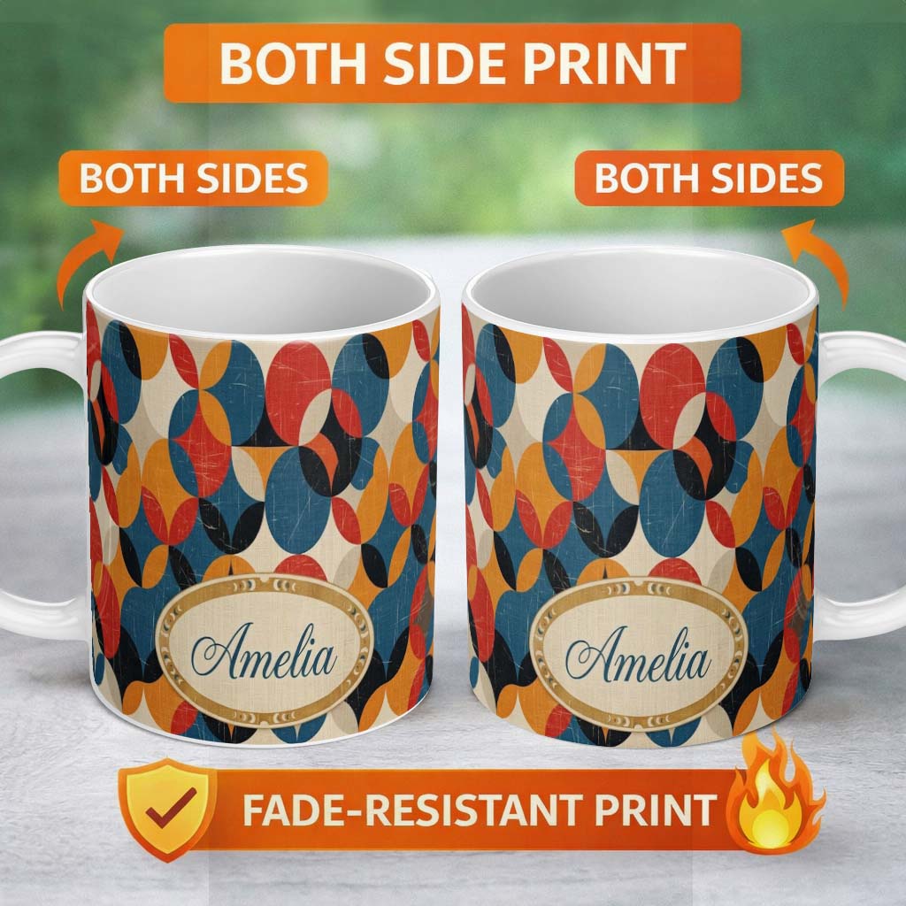 Personalized Custom Name Textured Abstract Rounded Shapes Pattern Seamless Name Cute Unique 11oz Ceramic Coffee Tea Mug White Large Handle