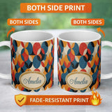 Personalized Custom Name Textured Abstract Rounded Shapes Pattern Seamless Name Cute Unique 11oz Ceramic Coffee Tea Mug White Large Handle