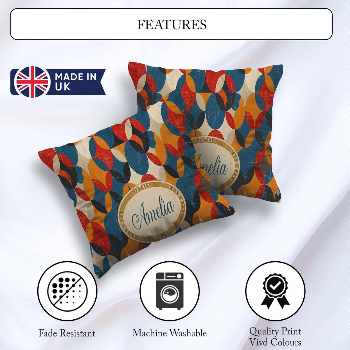 Custom Name Textured Abstract Rounded Pattern Seamless Name Cute Square Filled Cushion Throw Pillow Sofa Bed Home Decor Zip Washable UK Made