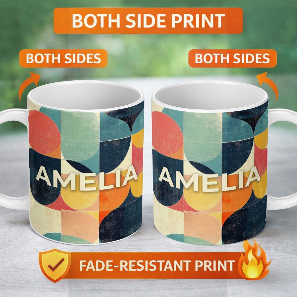 Personalized Custom Name Modern Abstract Geometric Blocks Color Texture Pattern Seamless 11oz Ceramic Coffee Tea Mug White Large Handle