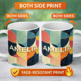 Personalized Custom Name Modern Abstract Geometric Blocks Color Texture Pattern Seamless 11oz Ceramic Coffee Tea Mug White Large Handle